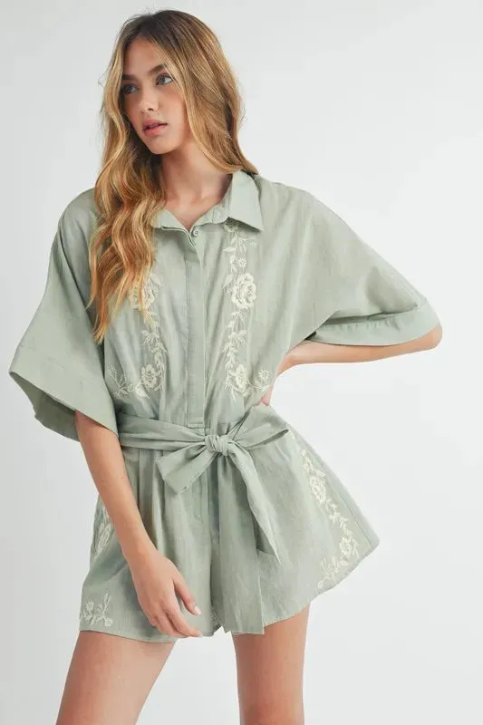 MABLE Embroidered Button Down Collared Neck Romper sold by Charming Charlie