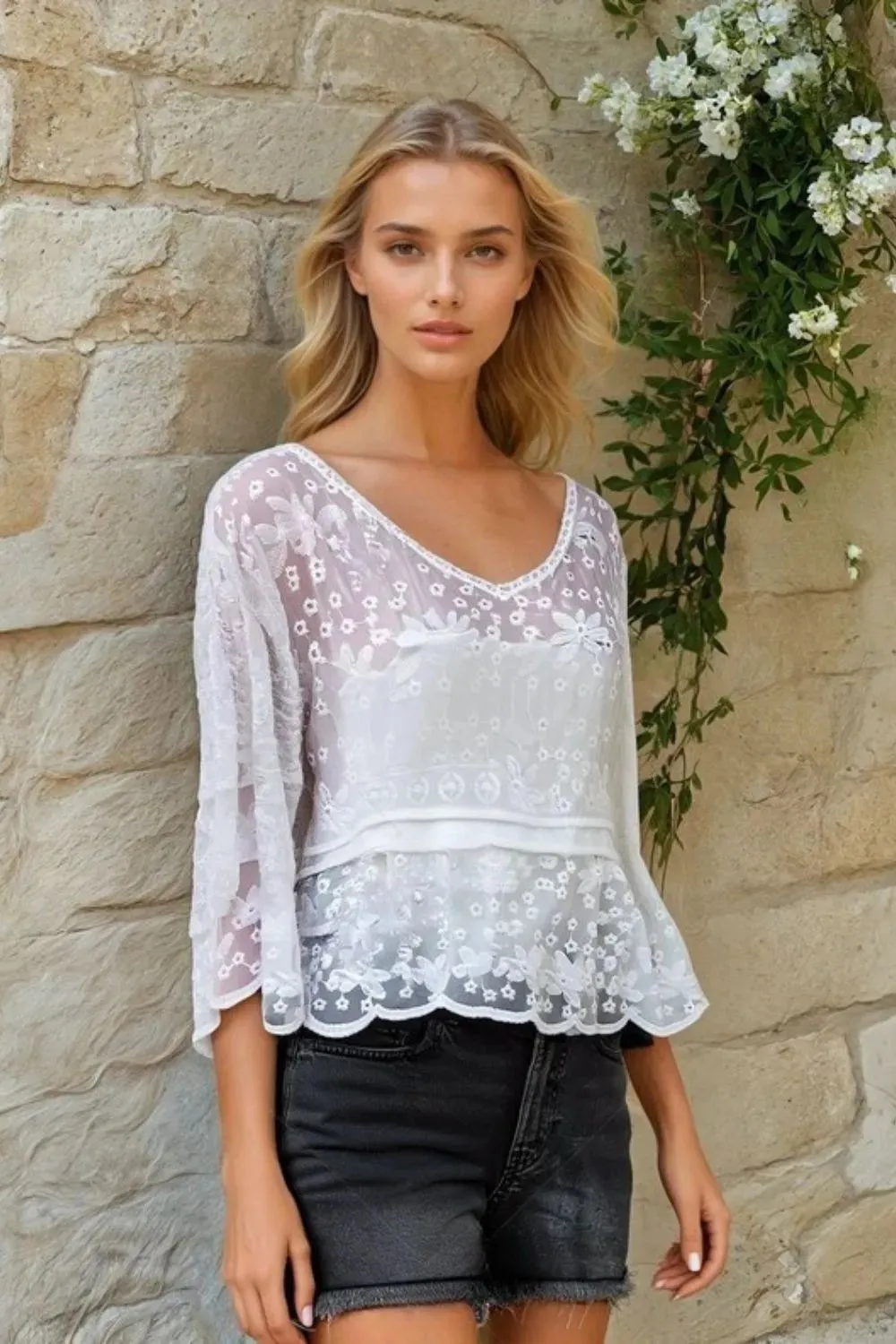 ADORA Bell Sleeve Lace Top sold by Charming Charlie