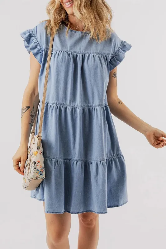Ruffle Cap Sleeve Tiered A-line Denim Dress sold by Charming Charlie