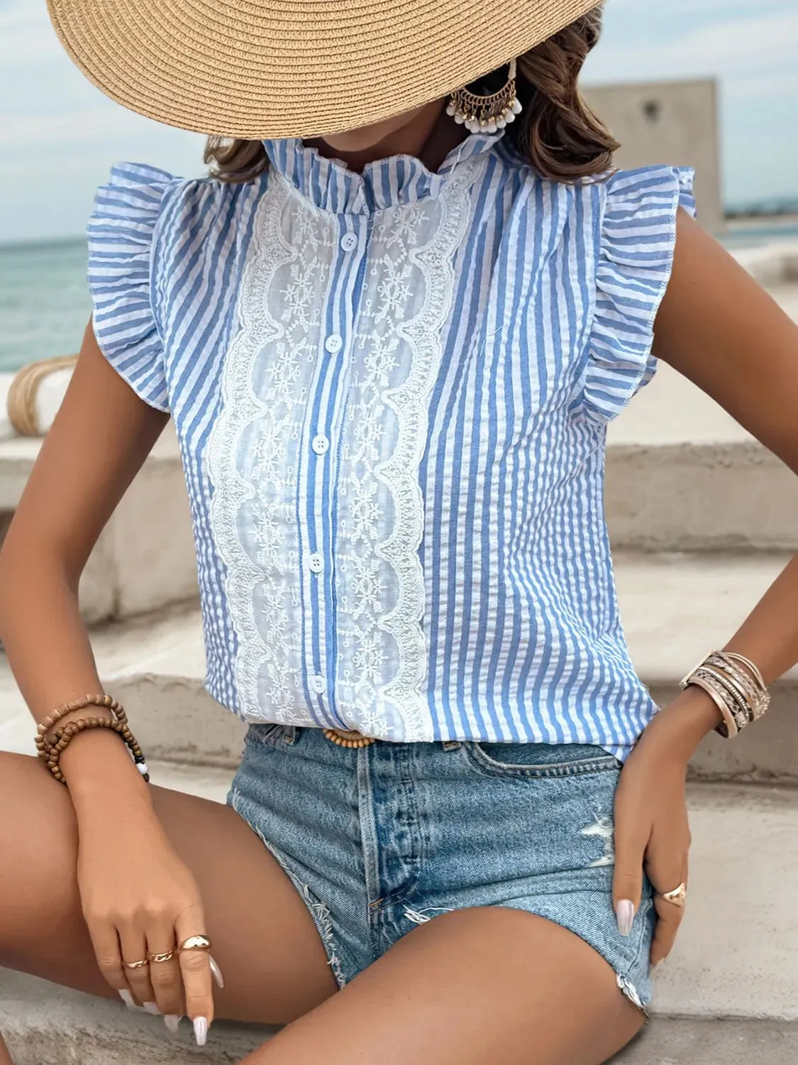 Lace Detail Button Down Cap Sleeve Shirt sold by Charming Charlie product image thumbnail 3