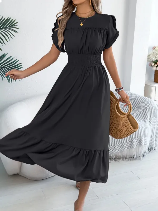 Smocked Frill Round Neck Midi Dress sold by Charming Charlie
