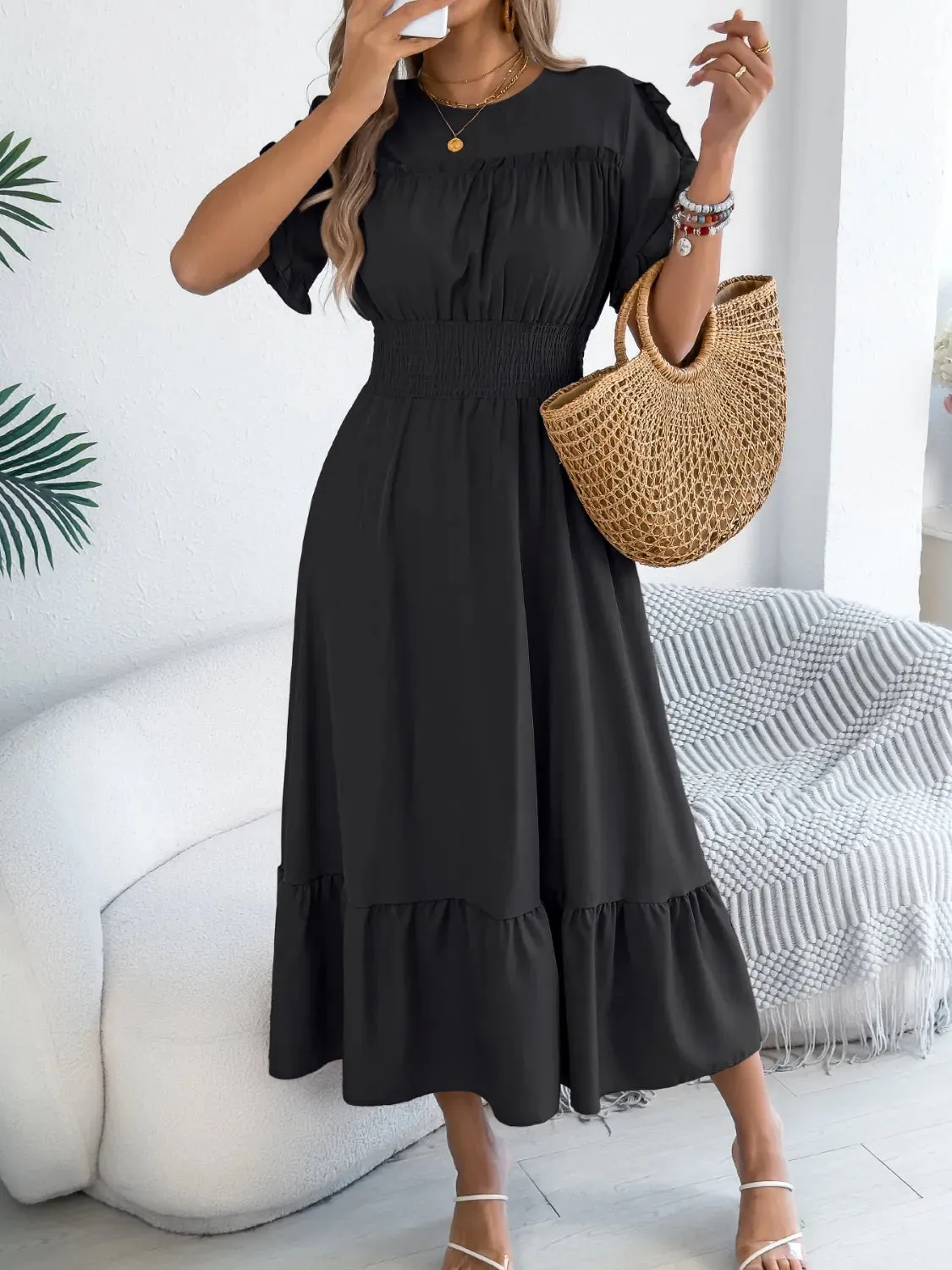 Smocked Frill Round Neck Midi Dress sold by Charming Charlie product image thumbnail 2