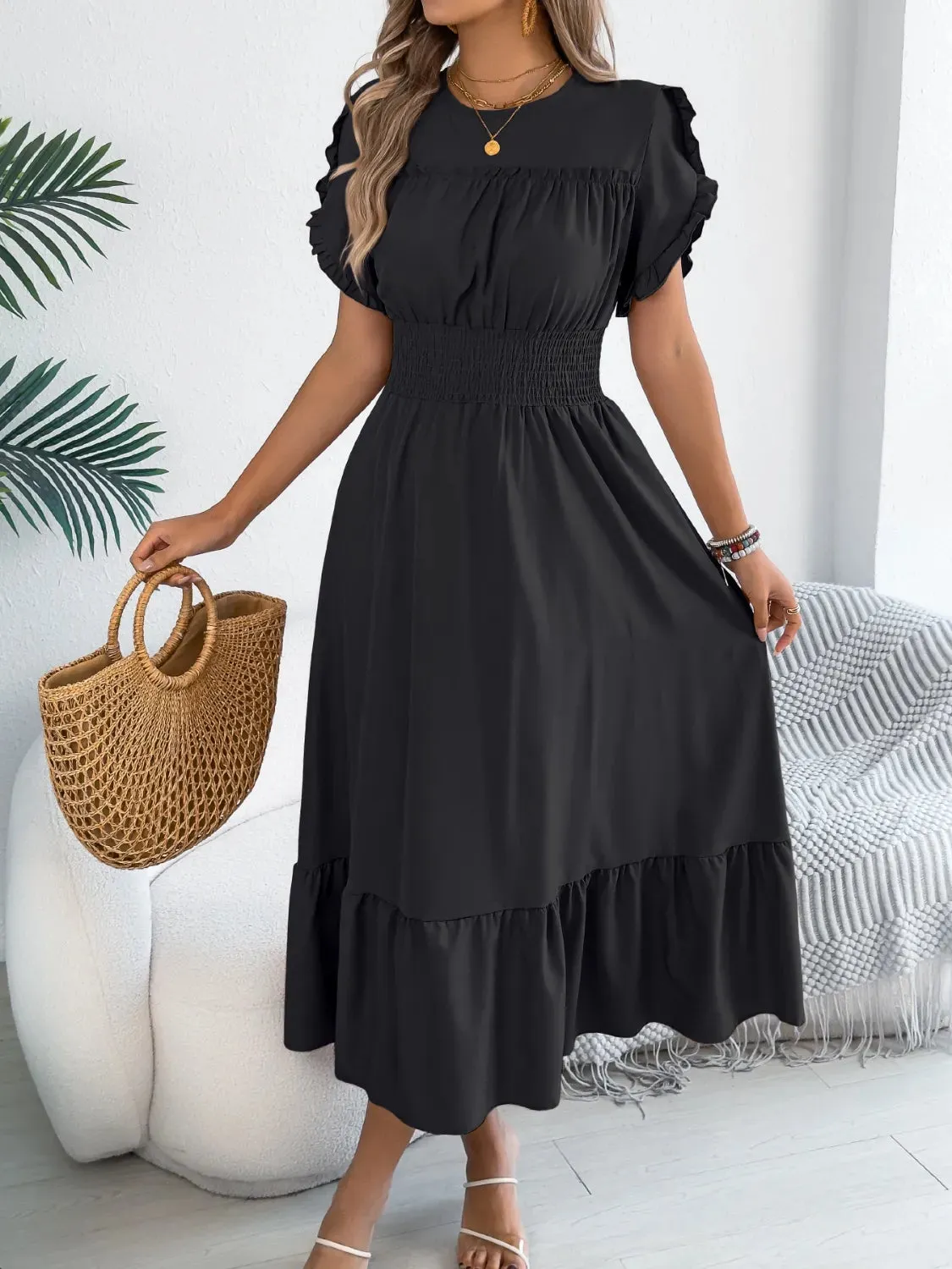 Smocked Frill Round Neck Midi Dress sold by Charming Charlie product image thumbnail 3