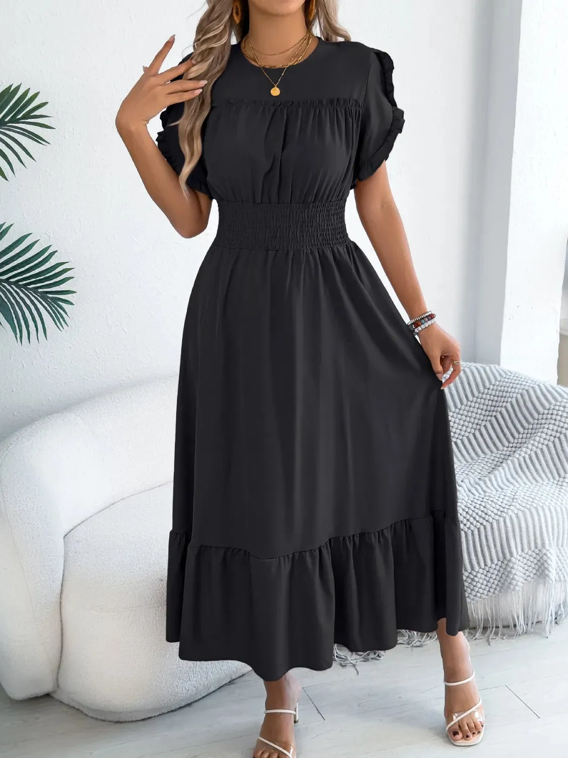 Smocked Frill Round Neck Midi Dress sold by Charming Charlie product image thumbnail 4