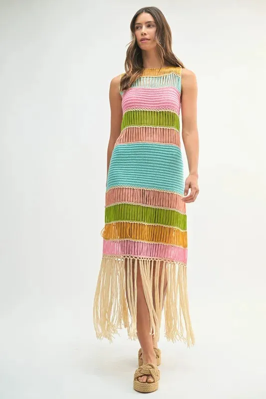 MABLE Multi Color Fringed Crochet Knit Dress sold by Charming Charlie