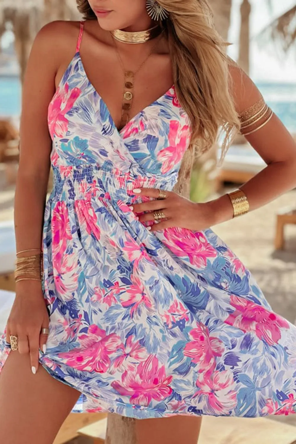 Floral Spaghetti Strap Surplice Neck Shirred Waist Mini Dress sold by Charming Charlie product image thumbnail 5