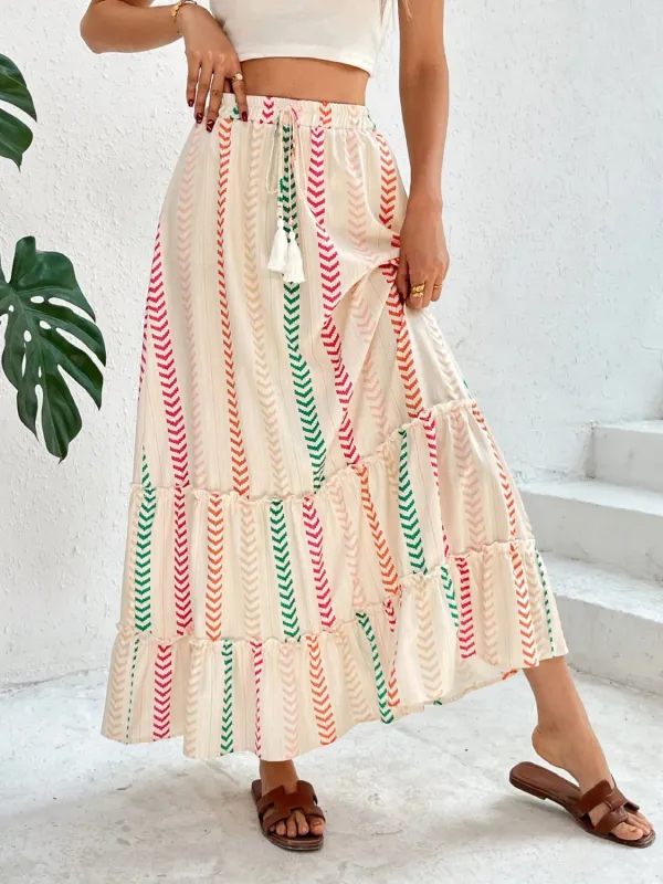 Frill Printed Maxi Skirt sold by Charming Charlie