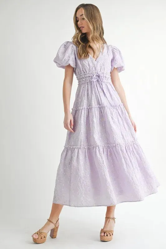 MABLE Eyelet Lace Puff Sleeve V Neck Midi Dress sold by Charming Charlie