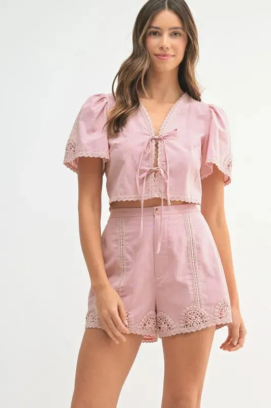 MABLE Crochet Lace Detail Crop Top and Shorts Set sold by Charming Charlie