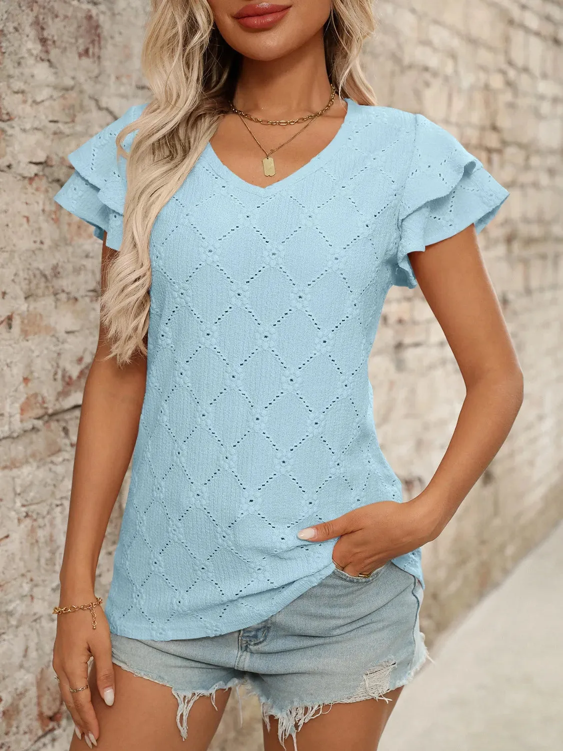 Eyelet V-Neck Ruffled Cap Sleeve Top sold by Charming Charlie product image thumbnail 4