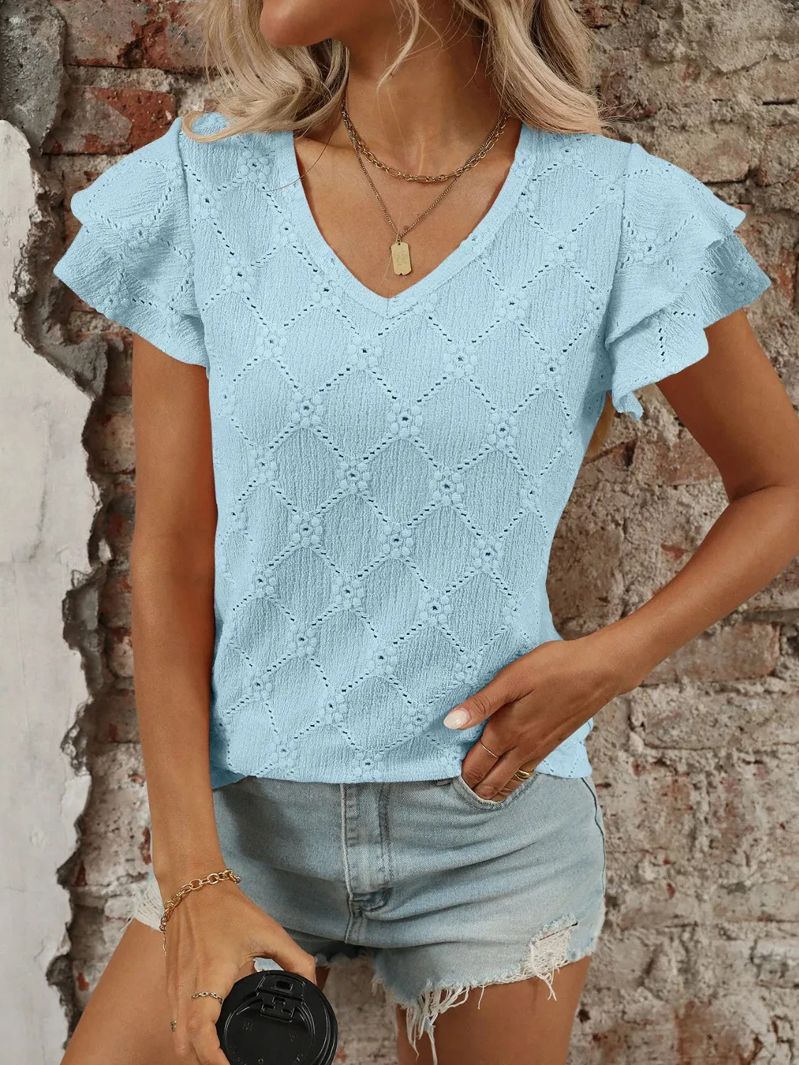 Eyelet V-Neck Ruffled Cap Sleeve Top sold by Charming Charlie product image thumbnail 3