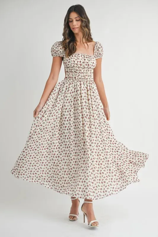 MABLE Floral Print Puff Sleeve Gathered Midi Dress sold by Charming Charlie