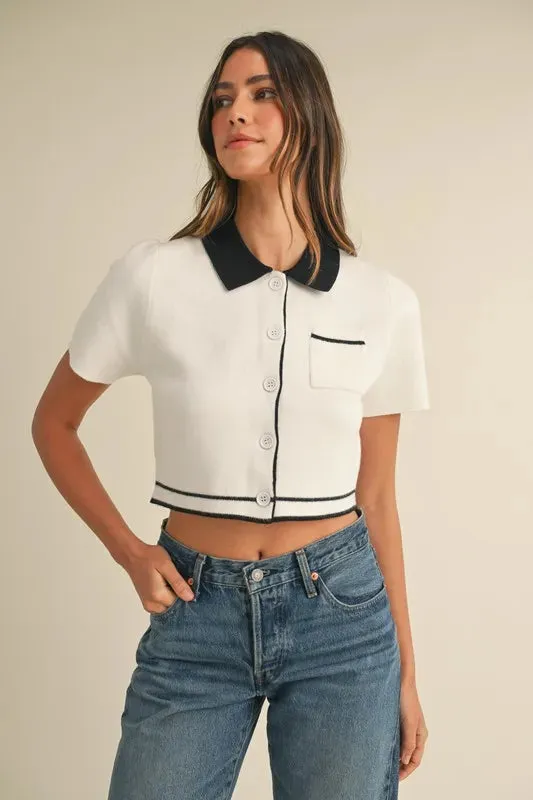 MABLE Button Down Contrast Collared Knit Cardigan sold by Charming Charlie