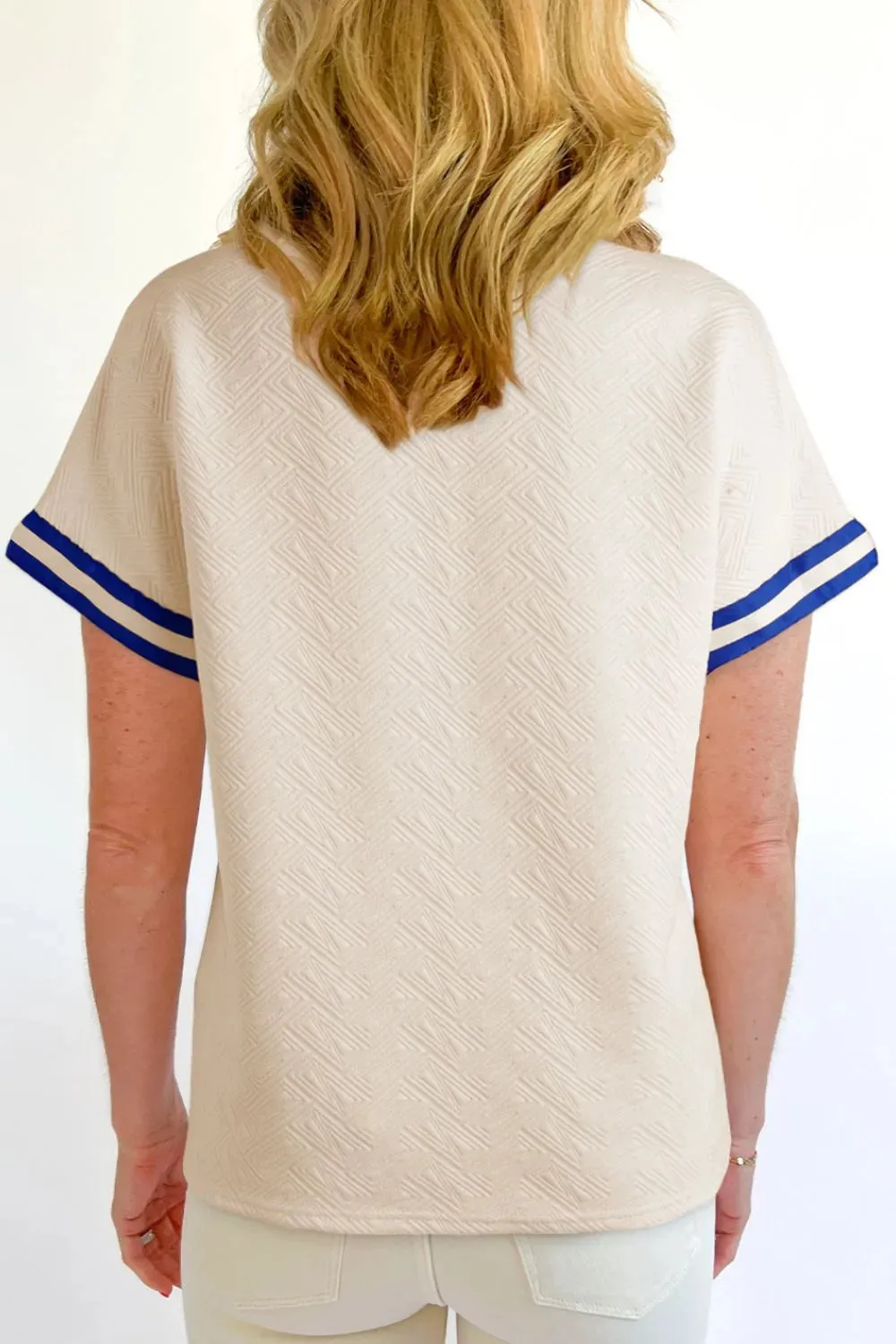 Striped Trim Textured Quarter Zipper Short Sleeve Top sold by Charming Charlie product image thumbnail 2