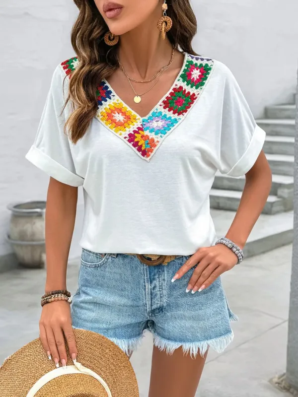 Contrast V-Neck Short Sleeve Top sold by Charming Charlie