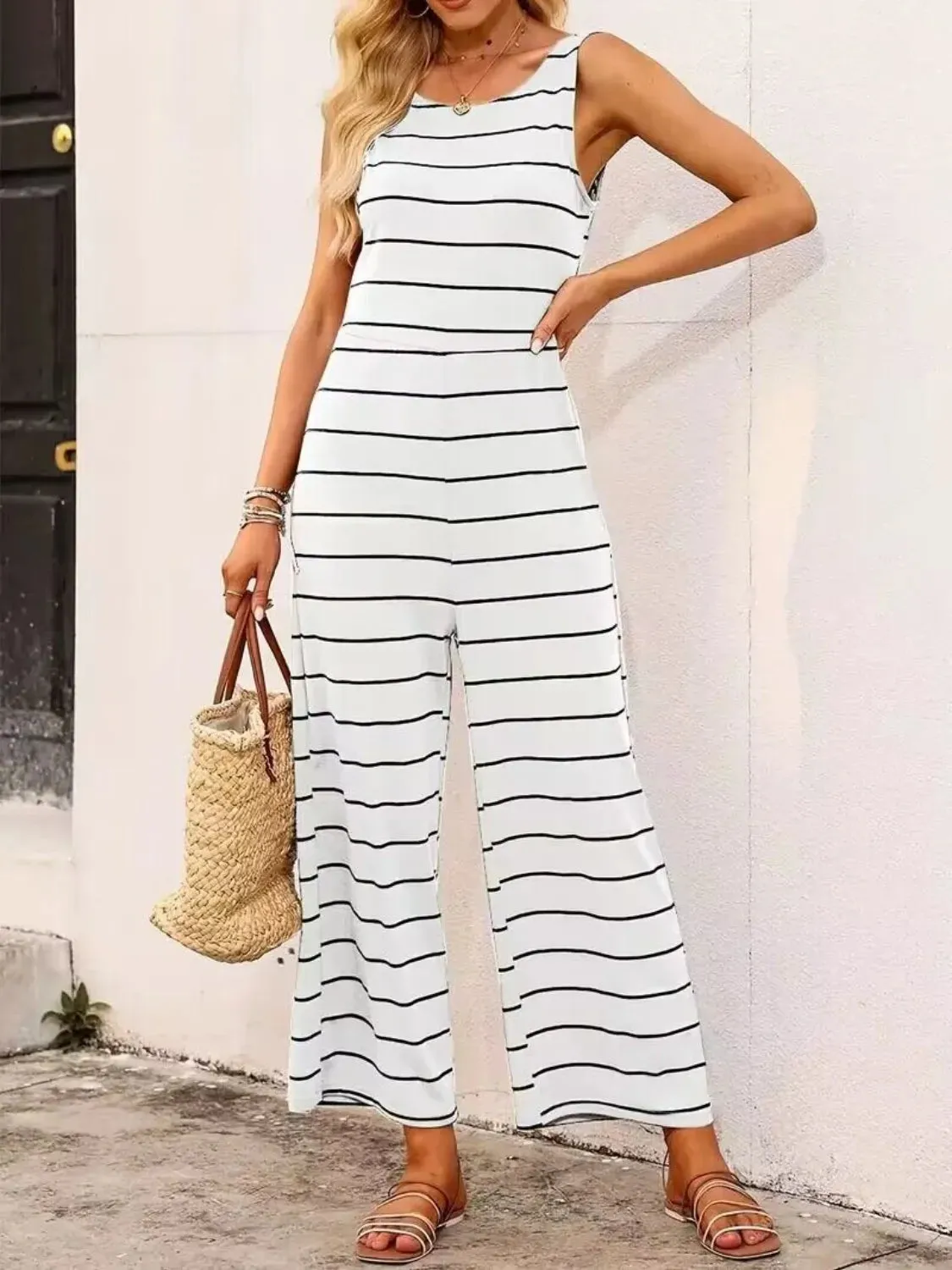 Striped Round Neck Wide Leg Jumpsuit sold by Charming Charlie product image thumbnail 3