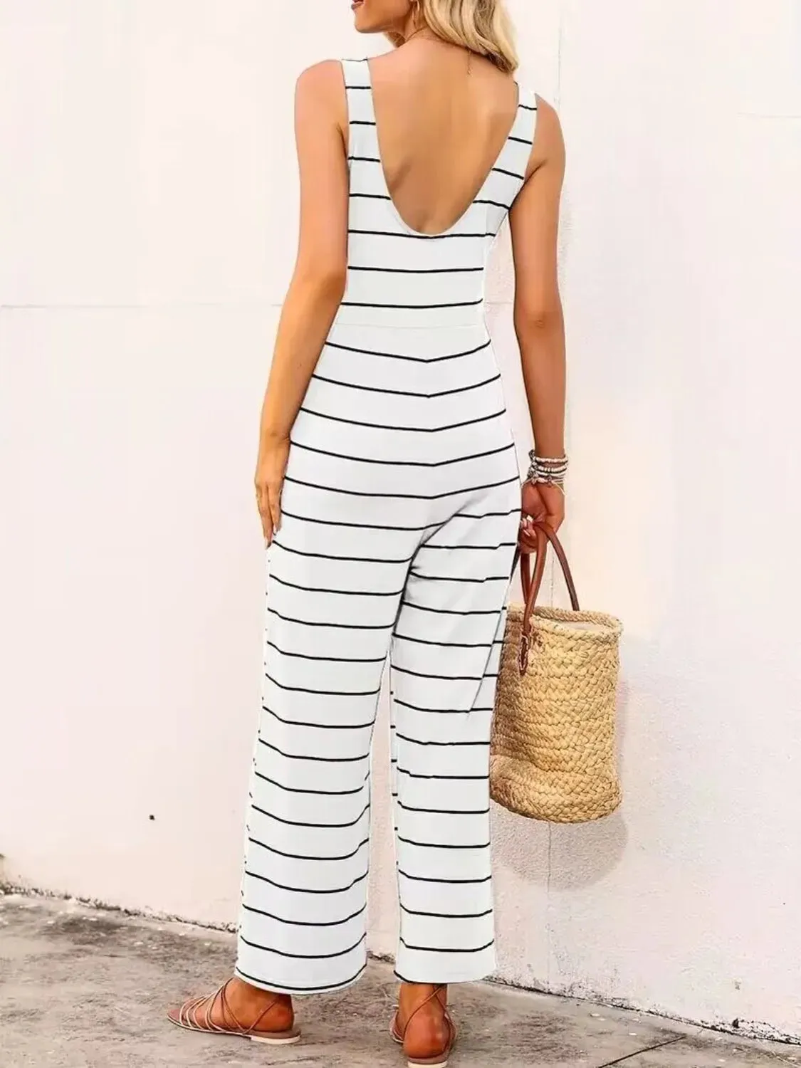 Striped Round Neck Wide Leg Jumpsuit sold by Charming Charlie product image thumbnail 2