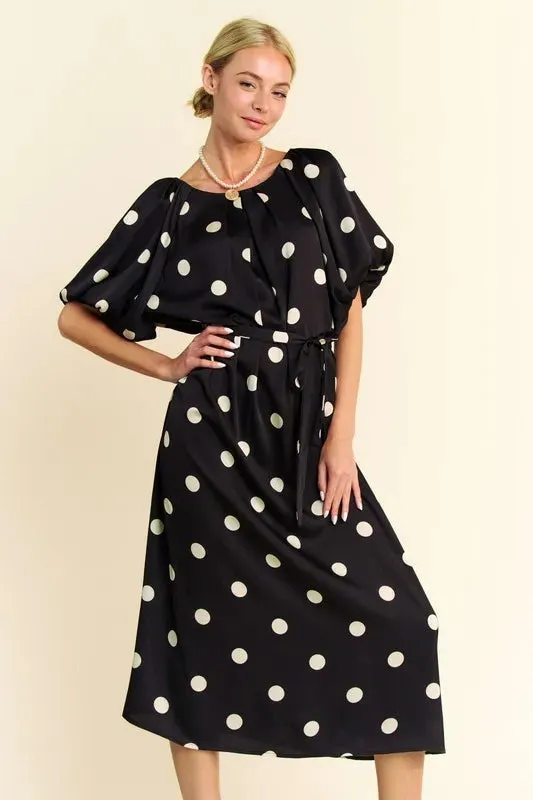 Davi & Dani Polka Dot Puff Sleeves Waist Tie Midi Dress sold by Charming Charlie