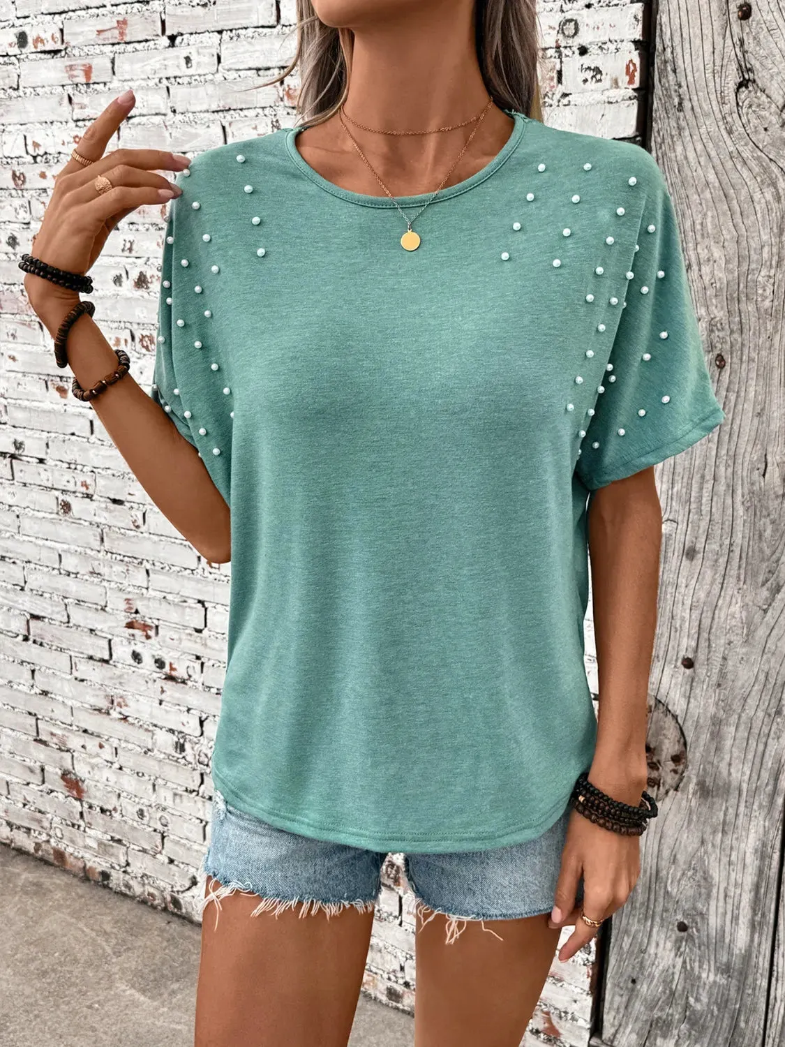 Pearl Detail Round Neck Short Sleeve T-Shirt sold by Charming Charlie product image thumbnail 4