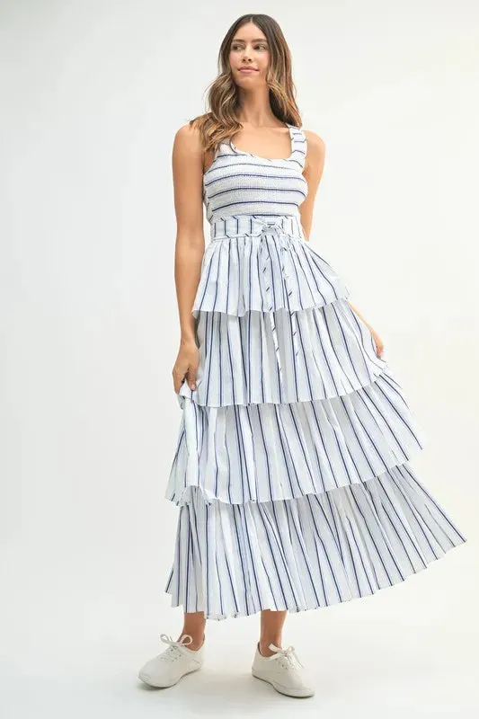 MABLE Pin Stripe Smocked Bodice Layered Midi Dress sold by Charming Charlie