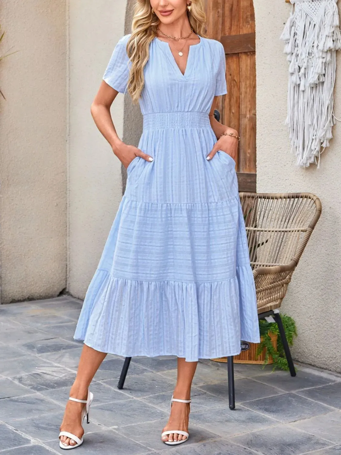 Tiered Notched Short Sleeve Dress sold by Charming Charlie product image thumbnail 4
