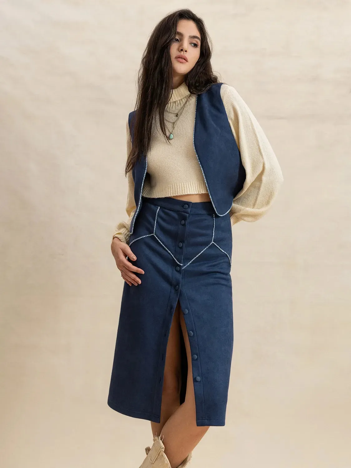 Open Front Vest and Buttoned Skirt Set sold by Charming Charlie product image thumbnail 4