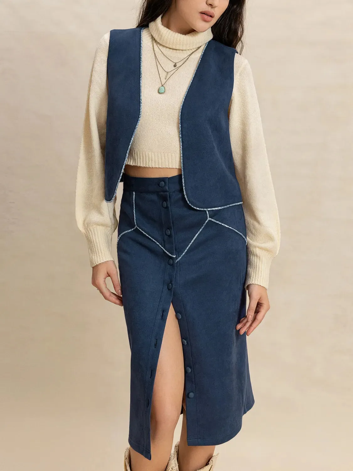 Open Front Vest and Buttoned Skirt Set sold by Charming Charlie product image thumbnail 2