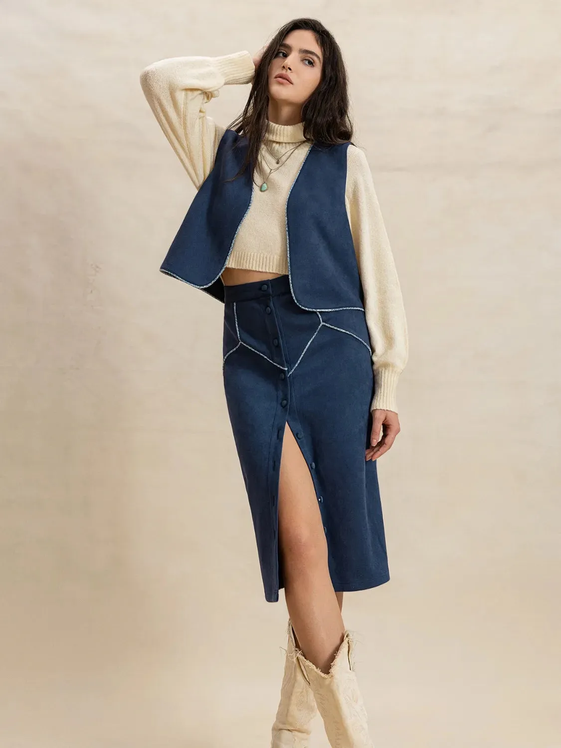 Open Front Vest and Buttoned Skirt Set sold by Charming Charlie