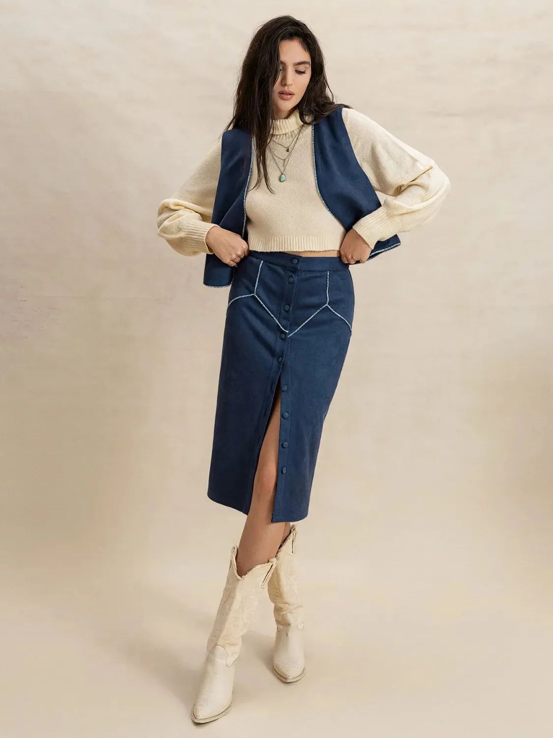 Open Front Vest and Buttoned Skirt Set sold by Charming Charlie product image thumbnail 5