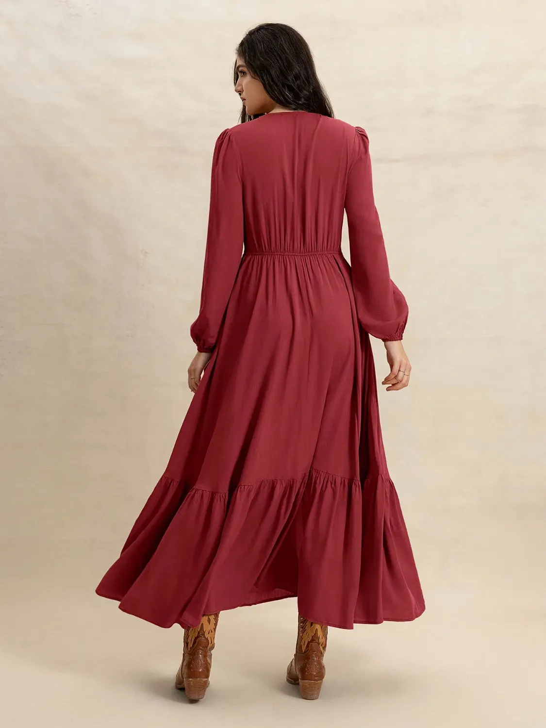 V-Neck Balloon Sleeve Ruffled Hem Maxi Dress sold by Charming Charlie product image thumbnail 4