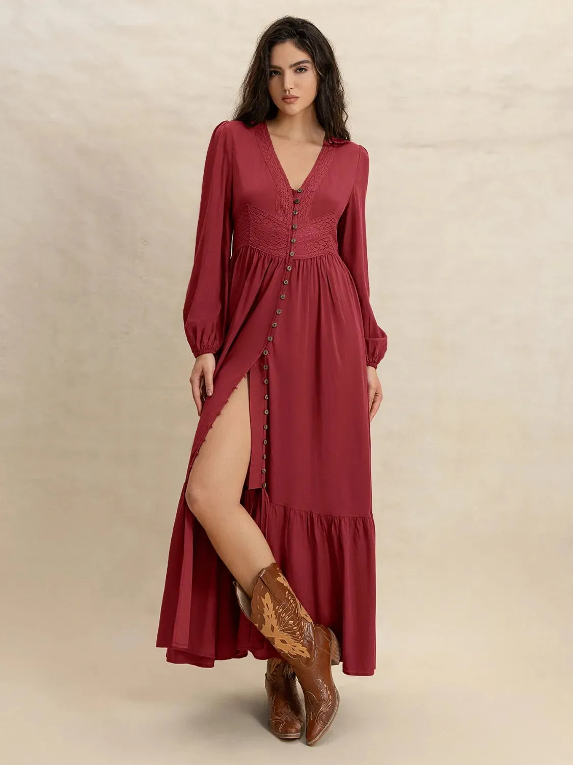 V-Neck Balloon Sleeve Ruffled Hem Maxi Dress sold by Charming Charlie product image thumbnail 3