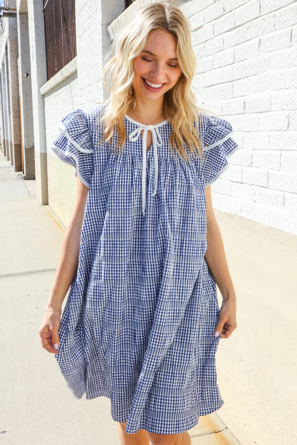 Beautiful You Blue Checker Gingham Tie Front Double Ruffle Sleeve Midi Dress sold by Charming Charlie product image thumbnail 4