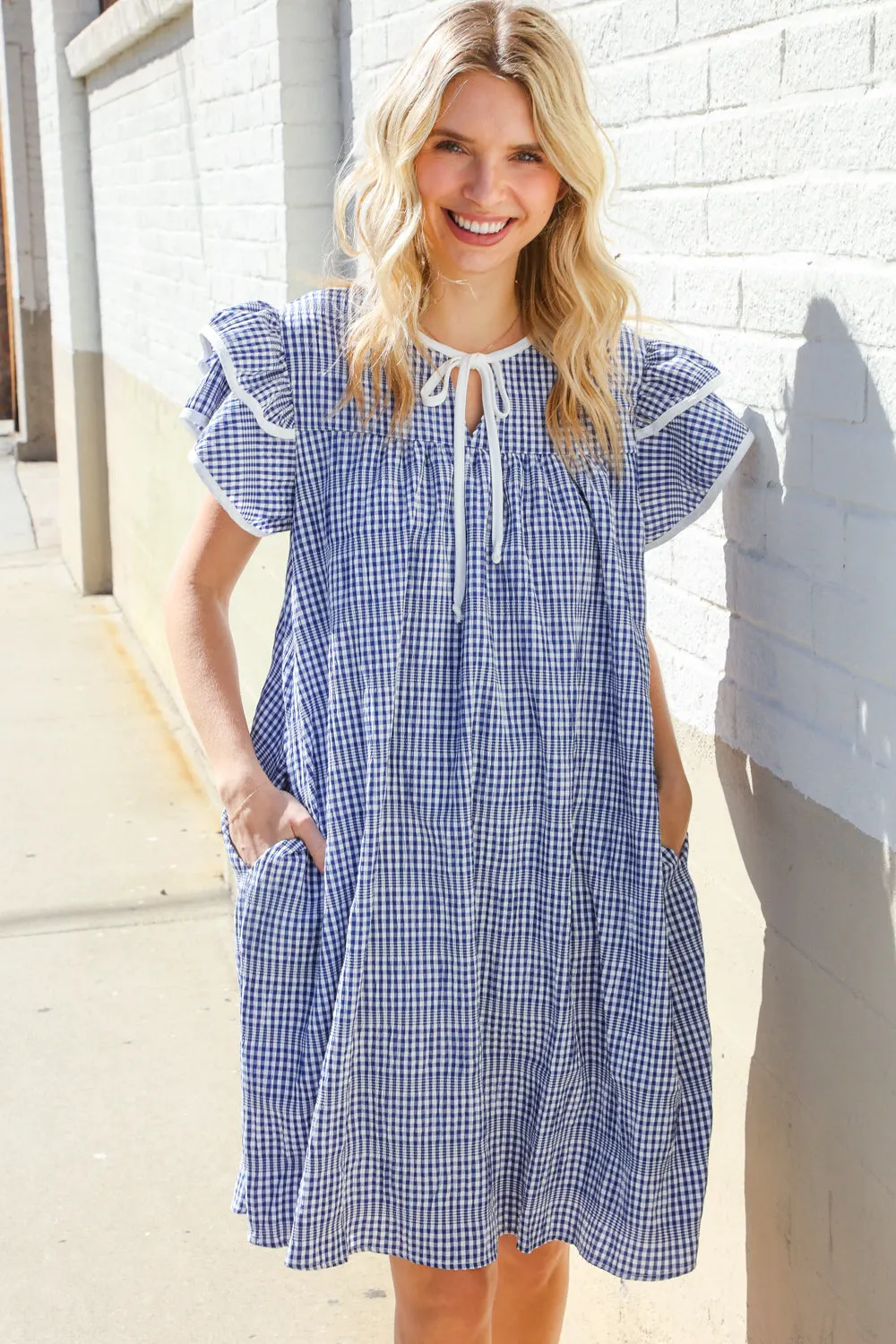 Beautiful You Blue Checker Gingham Tie Front Double Ruffle Sleeve Midi Dress sold by Charming Charlie