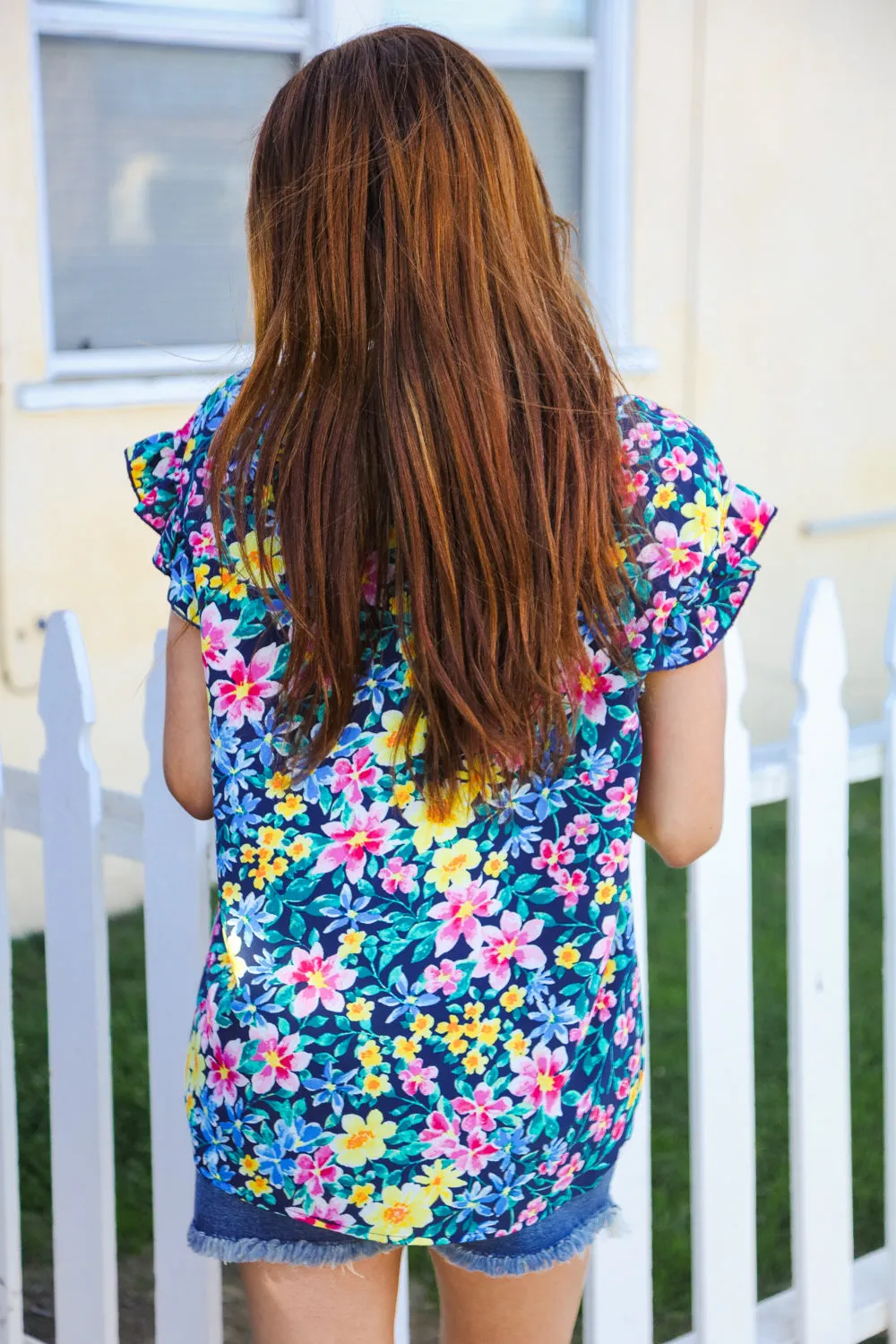 Be Your Best Blue/Multicolor Floral Print Flutter Sleeve Blouse sold by Charming Charlie product image thumbnail 2