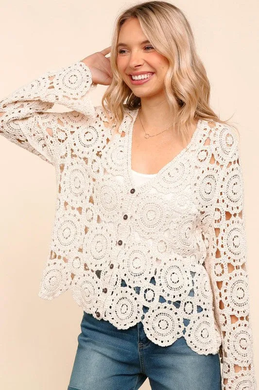 Boho Vibes Ivory Hand Crochet Patchwork Long Sleeve Top sold by Charming Charlie