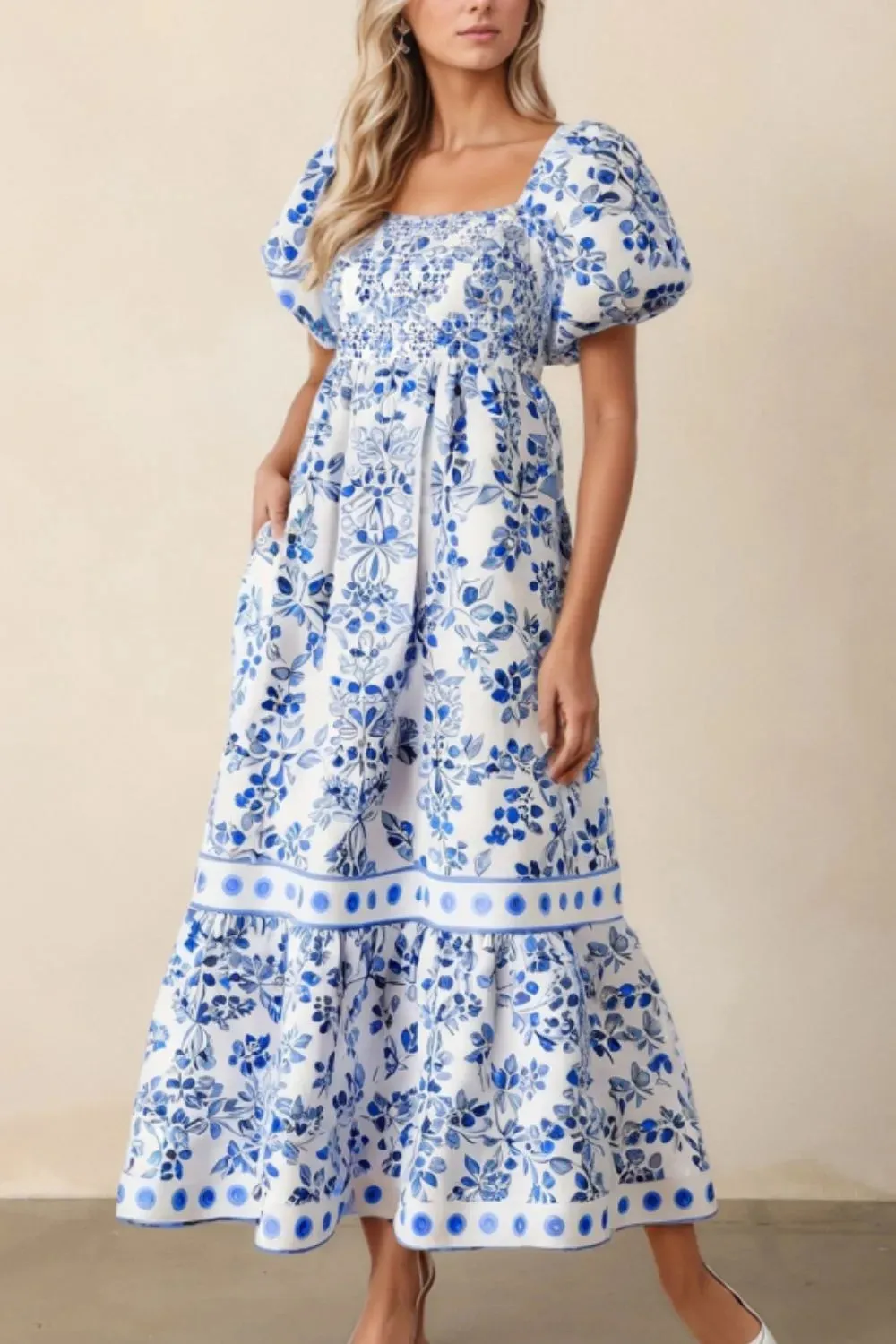 Smocked Printed Square Neck Puff Sleeve Dress sold by Charming Charlie product image thumbnail 2