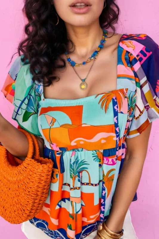 Printed Square Neck Ruffled Short Sleeve Blouse sold by Charming Charlie