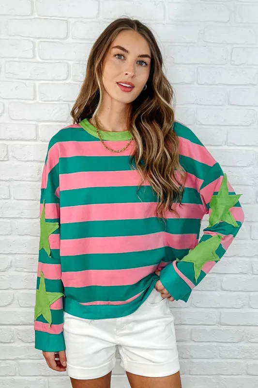 Stars On Stripes Patchwork Striped Sweatshirt sold by Charming Charlie
