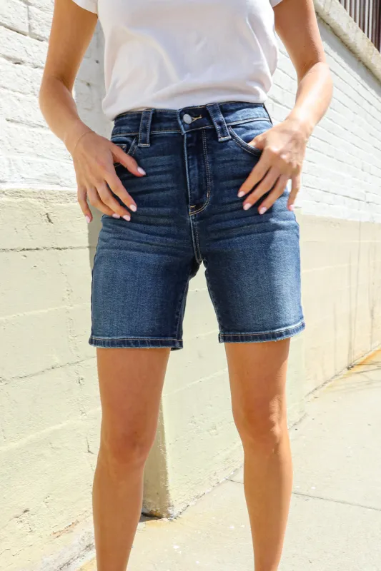 Judy Blue Dark Wash Midrise Back Flap Pocket Denim Shorts sold by Charming Charlie