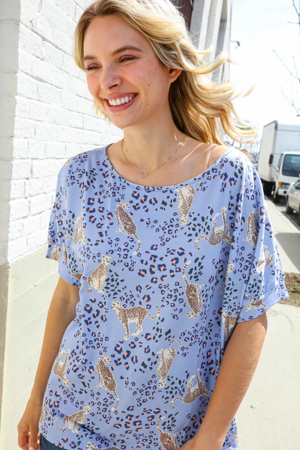 Feeling Whimsical Lilac Cheetah Print Short Sleeve Knit Top sold by Charming Charlie product image thumbnail 4