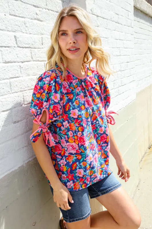 Feeling Femme Navy Floral Print Ribbon Bow Tie Sleeve Blouse sold by Charming Charlie