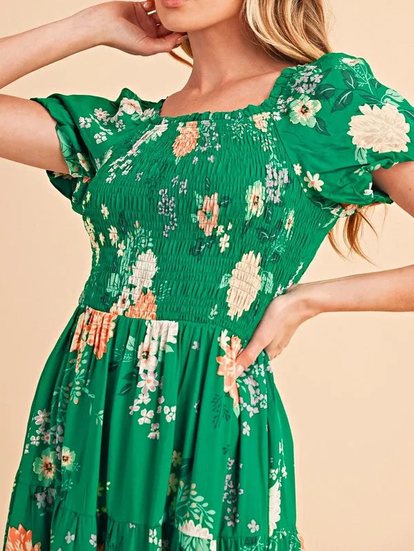 Green Floral Bubble Smocked Tiered Midi Dress sold by Charming Charlie product image thumbnail 5