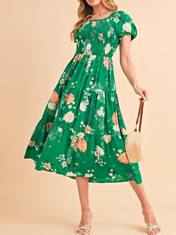 Green Floral Bubble Smocked Tiered Midi Dress sold by Charming Charlie
