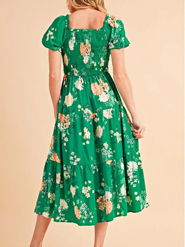 Green Floral Bubble Smocked Tiered Midi Dress sold by Charming Charlie product image thumbnail 2