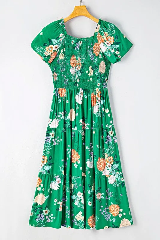 Green Floral Bubble Smocked Tiered Midi Dress sold by Charming Charlie product image thumbnail 4