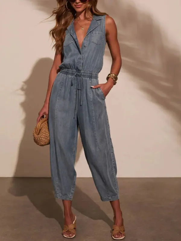 Sleeveless Drawstring Waist Washed Denim Jumpsuit sold by Charming Charlie