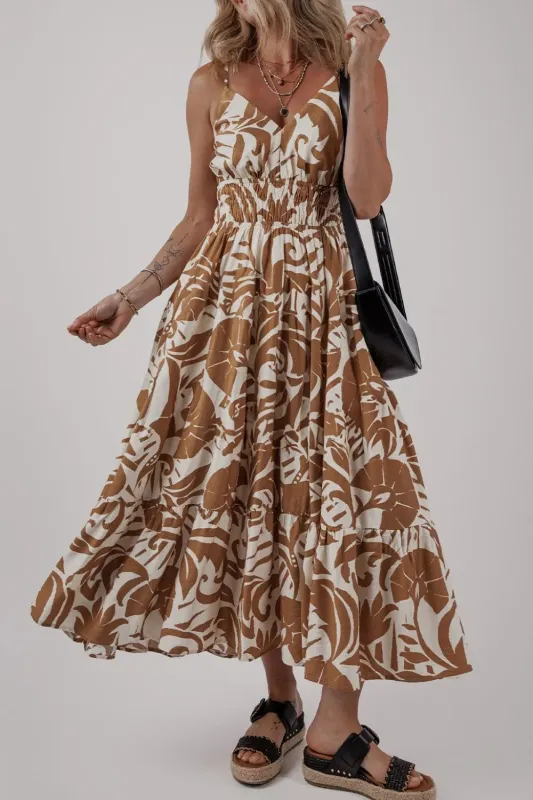 Floral Shirred High Waist Spaghetti Straps Dress sold by Charming Charlie