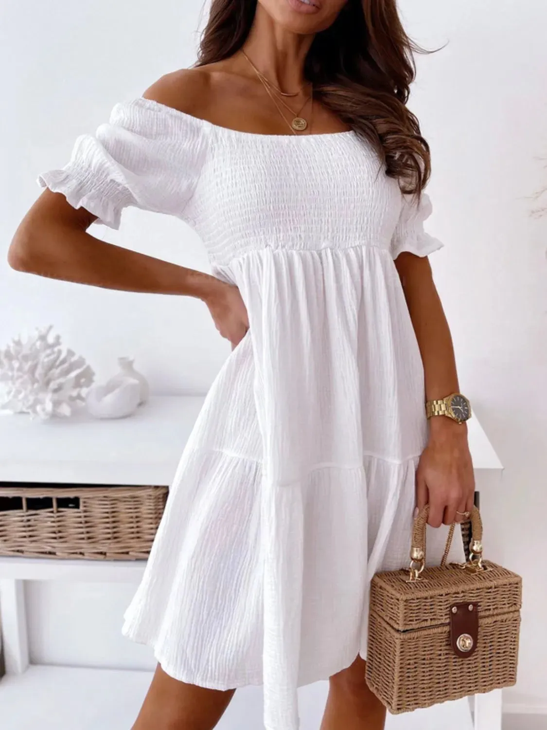 Smocked Off-Shoulder Mini Dress sold by Charming Charlie product image thumbnail 4