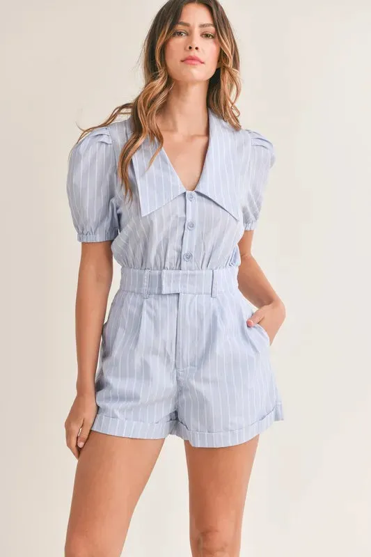 MABLE Striped Puff Sleeve Collared Neck Romper sold by Charming Charlie