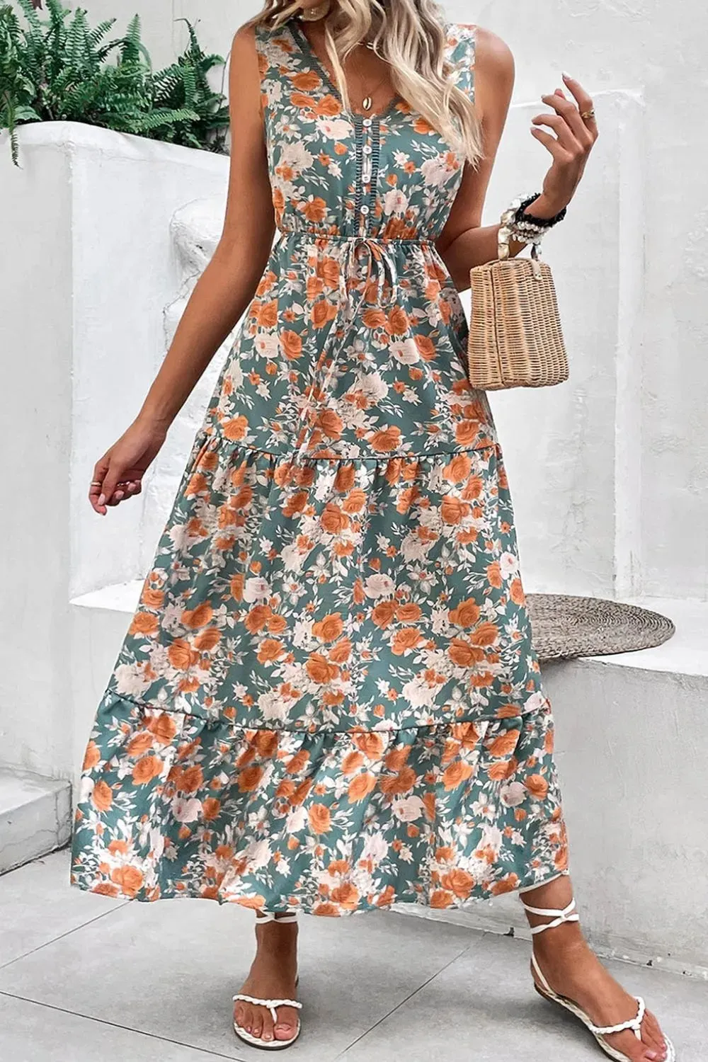 Floral Print Trimmed V Neck Tie Waist Sleeveless Dress sold by Charming Charlie product image thumbnail 3